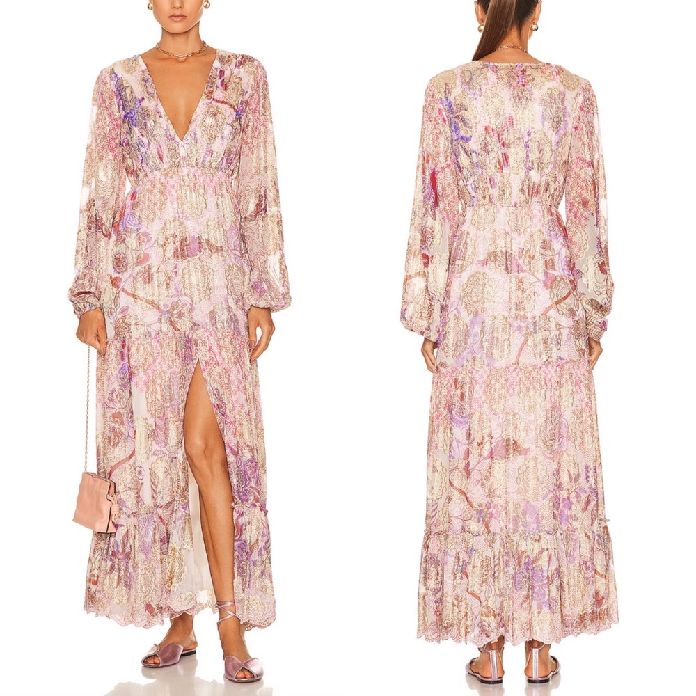 Hemant & Nandita Amal Long Dress Metallic V-Neck Long Sleeve Maxi Leg Slit